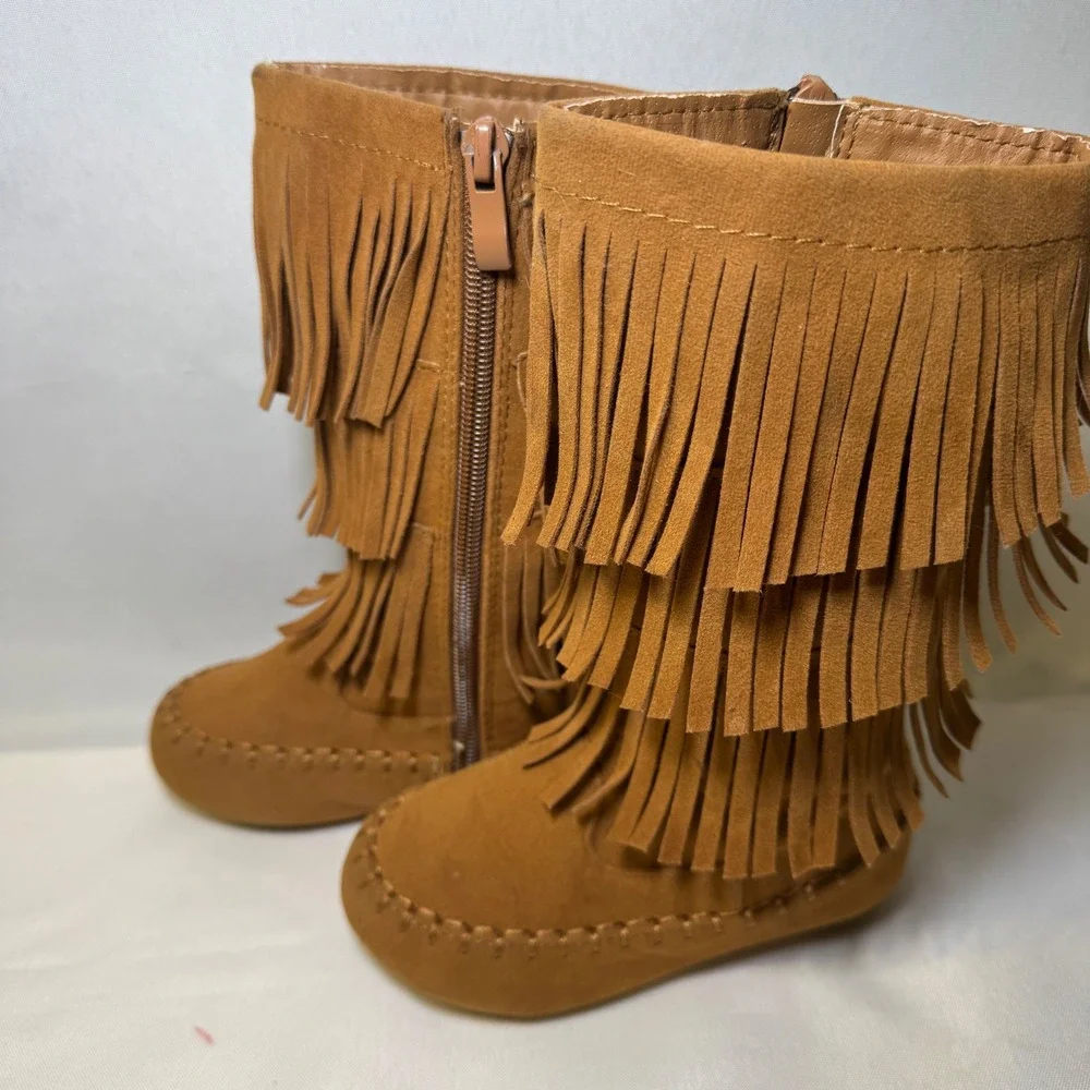 Link‎ Tan Suede Fringed Moccasin Boots Side Zip Boho Chick Little Girls Size 7